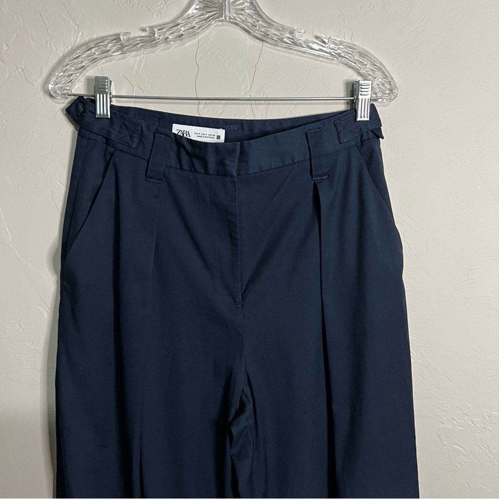 Zara Navy Blue Darted Pleated High Rise Wide-Leg Pants - Picture 4 of 10